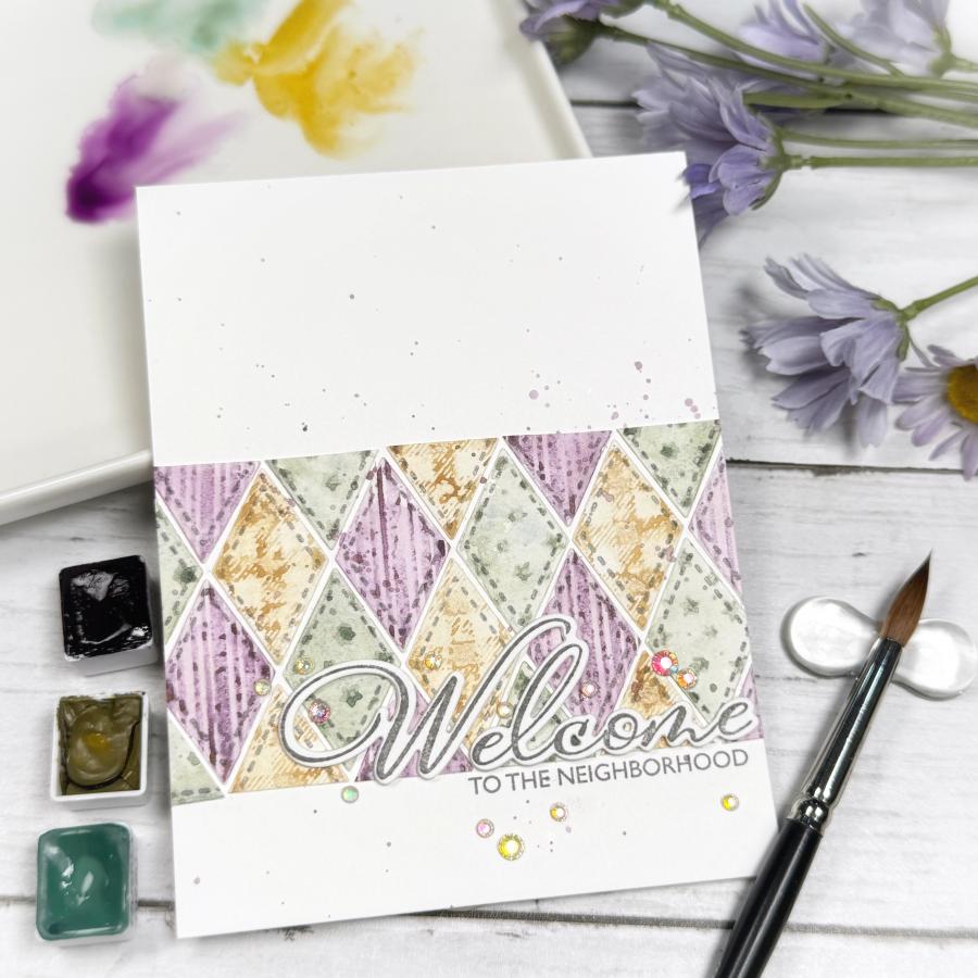 Papertrey Ink Quilt It Baby Clear Stamps 1705 diamonds stitches purple yellow green jewels welcome card