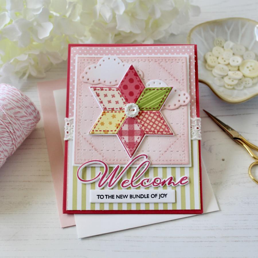 Papertrey Ink Quilt It Baby Clear Stamps 1705 stars stripes dots plaid clouds pink green yellow red welcome card