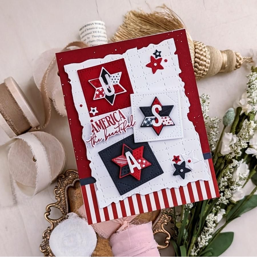 Papertrey Ink Quilt It Baby Dies pti-1093 red white blue stars stripes usa card
