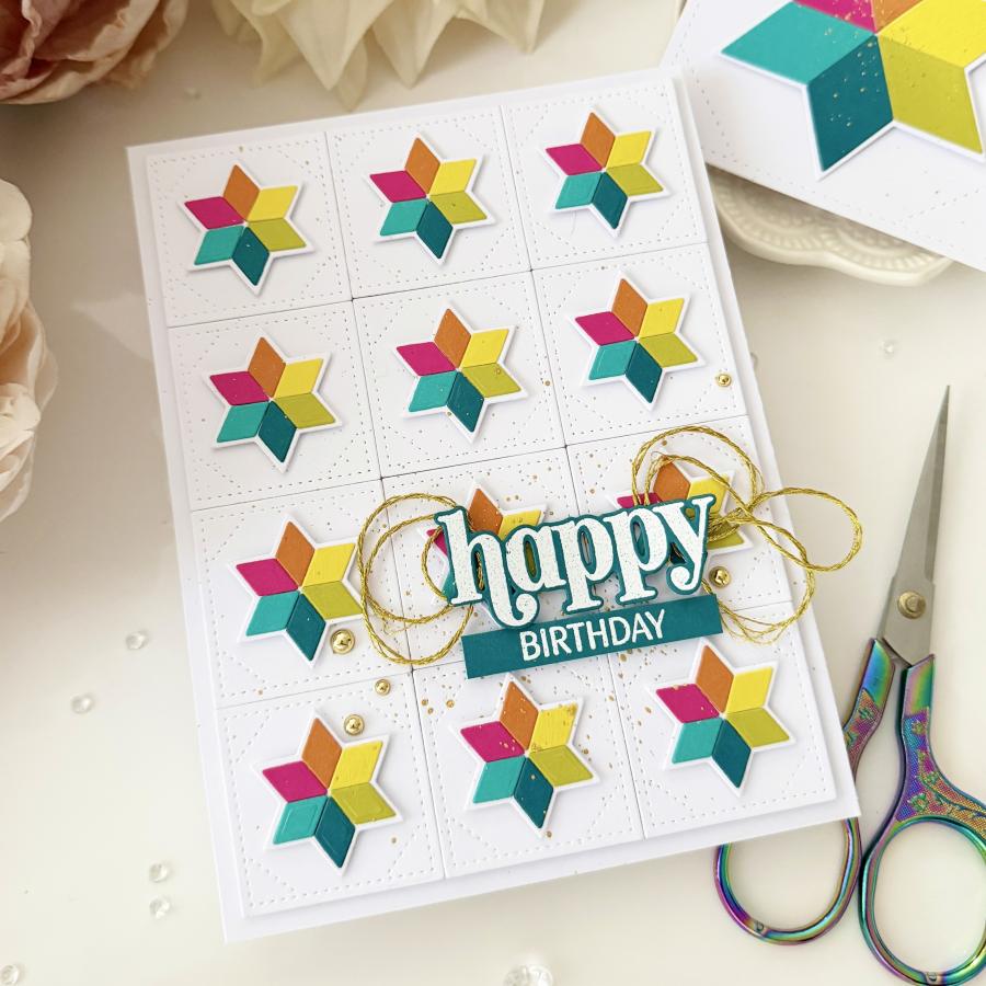 Papertrey Ink Quilt It Baby Dies pti-1093 stars red orange yellow greens stitches gold thread happy birthday card