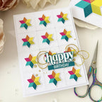 Papertrey Ink Quilt It Baby Dies pti-1093 stars red orange yellow greens stitches gold thread happy birthday card
