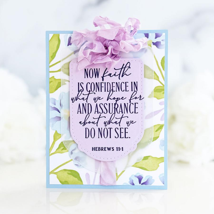 Papertrey Ink Reflections Hebrews 11 Clear Stamp and Die Set purple ribbon