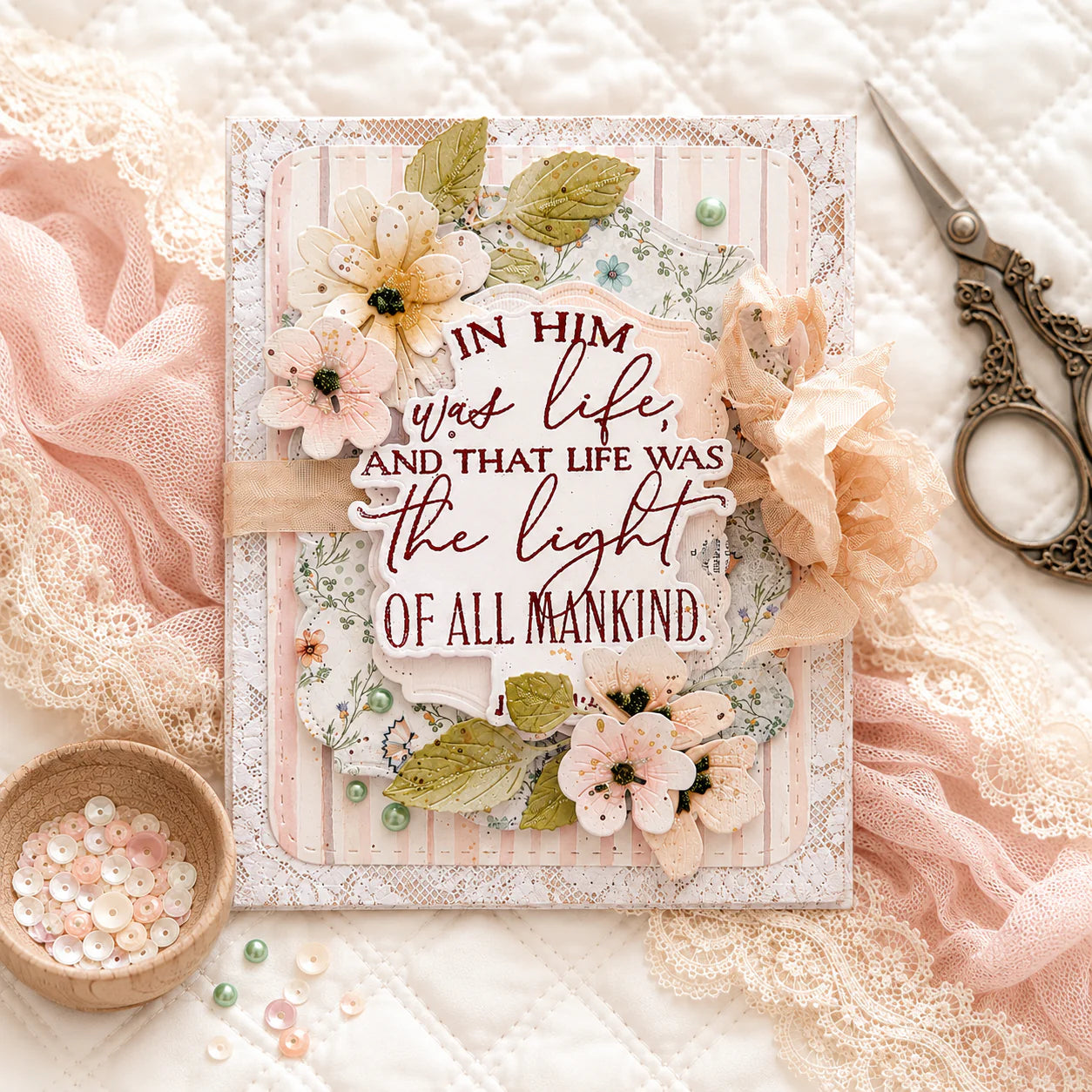 Papertrey Ink Reflections John 1:4 Clear Stamp and Die Set peach flowers lace background card