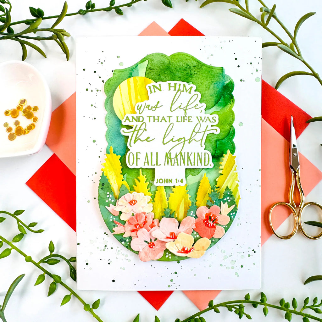 Papertrey Ink Reflections John 1:4 Clear Stamp and Die Set yellow green trees forest card