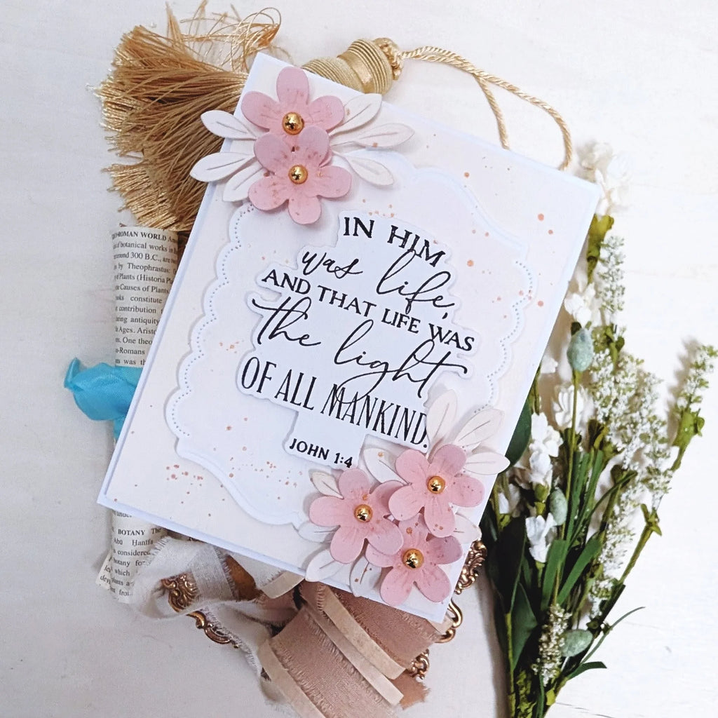 Papertrey Ink Reflections John 1:4 Dies pti-1111 pink flowers speckled card