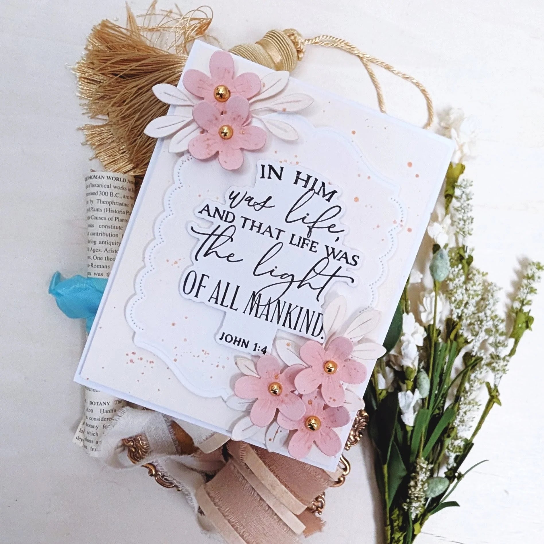 Papertrey Ink Reflections John 1:4 Dies pti-1111 pink flowers speckled card