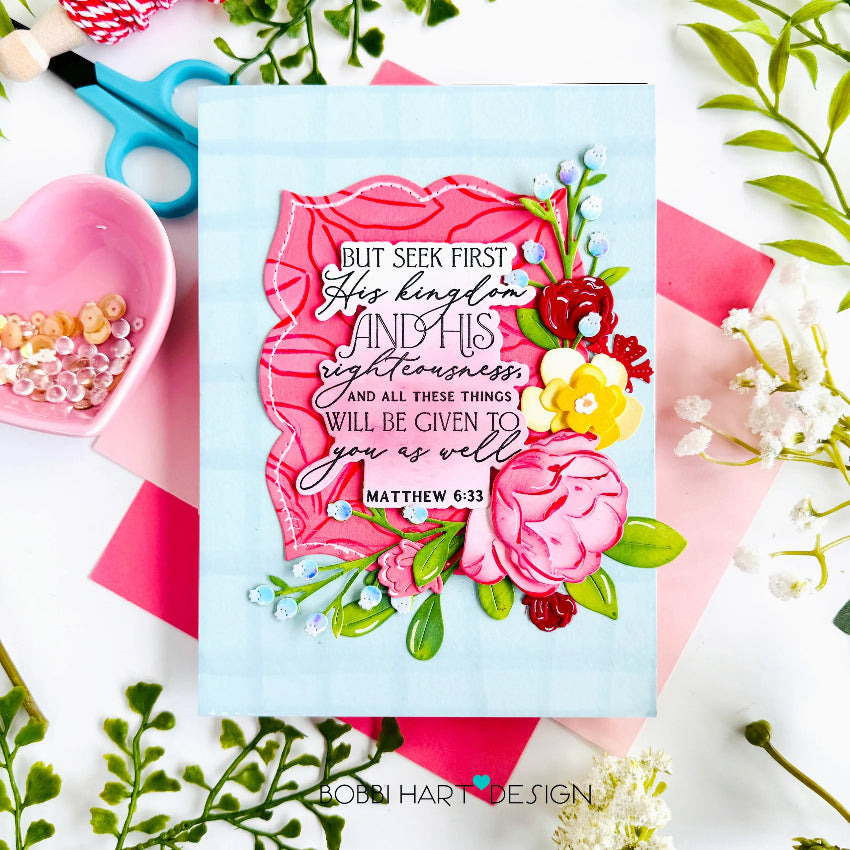 Papertrey Ink Reflections Matthew 6 Clear Stamp and Die Set red flowers card