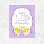 Papertrey Ink Reflections Psalm 46 Clear Stamp and Die Set purple stitched diamonds yellow flowers heart card
