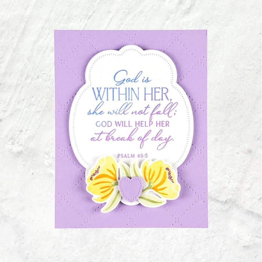 Papertrey Ink Reflections Psalm 46 Clear Stamp and Die Set purple stitched diamonds yellow flowers heart card
