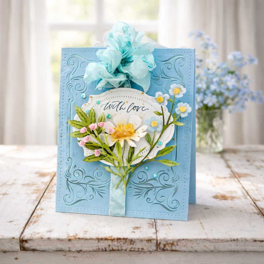 Papertrey Ink Regal Flourish Frame Hot Foil Plate ptif-0050 blue bow