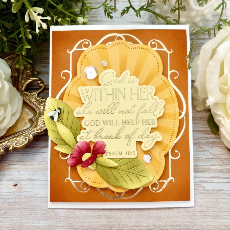 Papertrey Ink So Radiant Stencils- 0105 gold stitched frame bumble bee red flower leaves card
