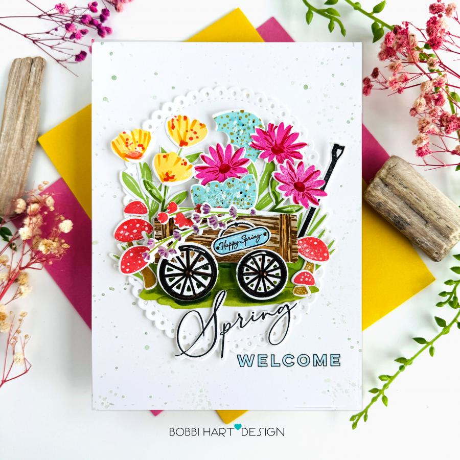 Papertrey Ink Spring Wagon Clear Stamp and Die Set pink flowers