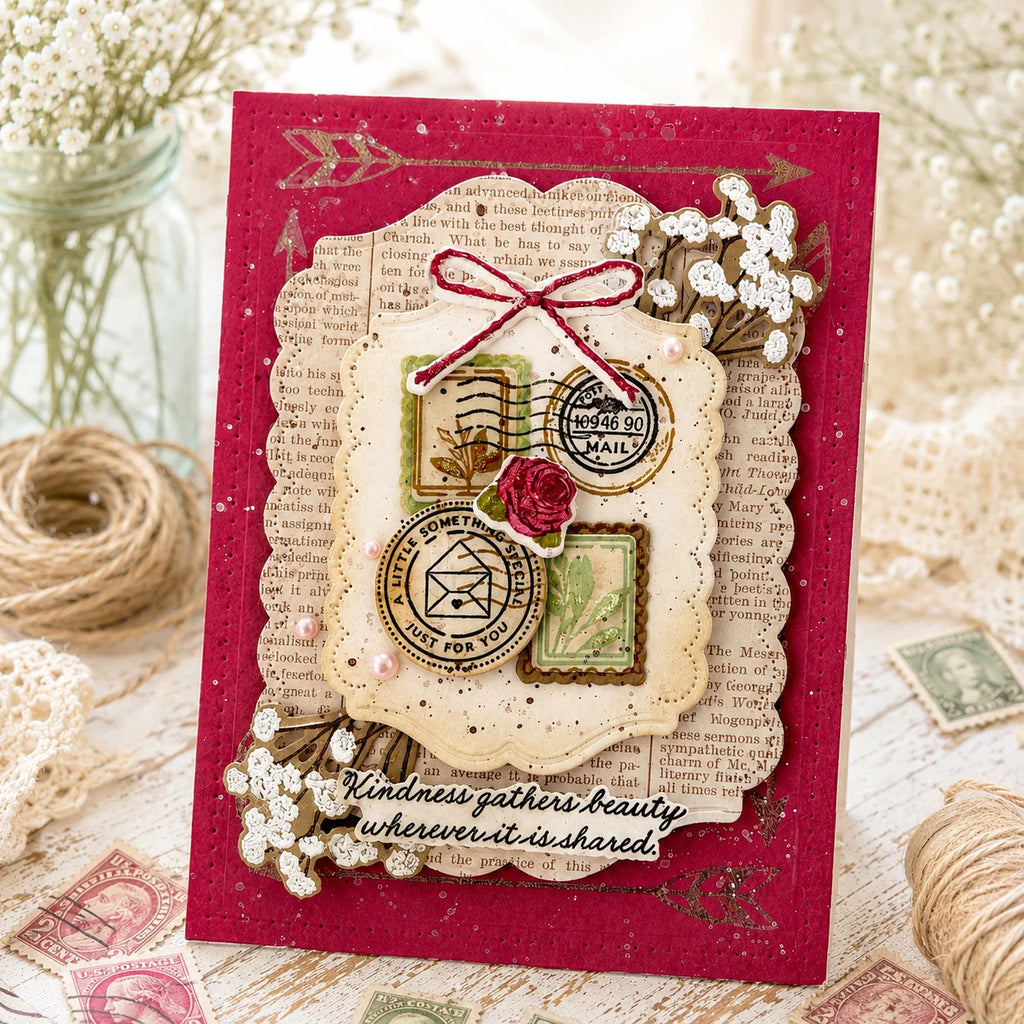 Papertrey Ink Stacked Mail Clear Stamp and Die Set baby's breath red background card