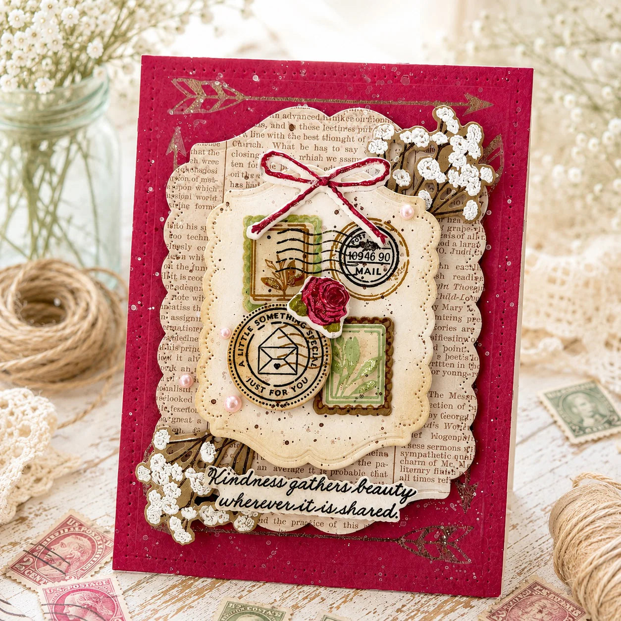 Papertrey Ink Stacked Mail Clear Stamp and Die Set baby's breath red background card