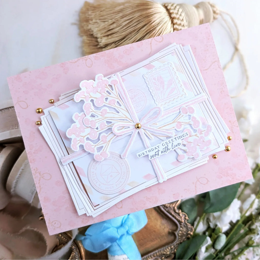 Papertrey Ink Stacked Mail Dies pti-1105 stack of letters green background card pink birthday greetings card