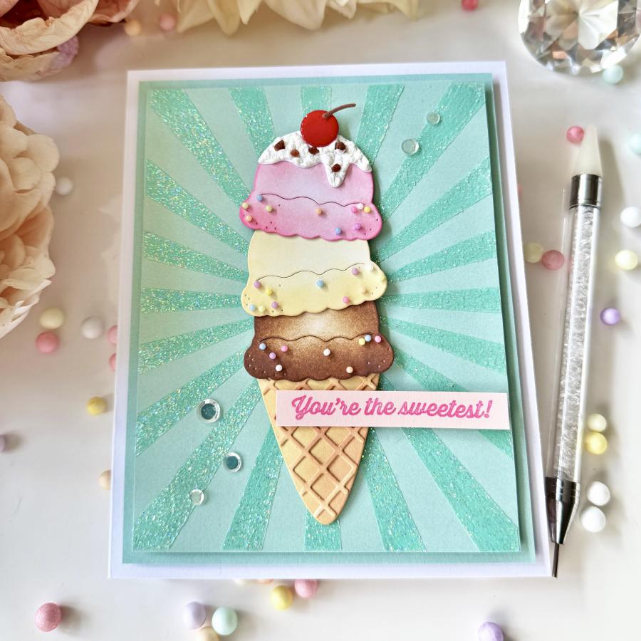 Papertrey Ink Sweet Americana Die and Stencil Set triple scoop ice cream cone radiating stripes sequins card