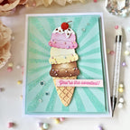 Papertrey Ink Sweet Americana Die and Stencil Set triple scoop ice cream cone radiating stripes sequins card