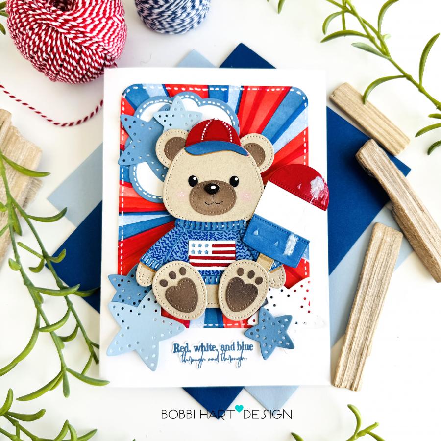 Papertrey Ink Sweet Americana Dies pti-1098 red white blue stars stripes popsicle bear in sweater and hat card