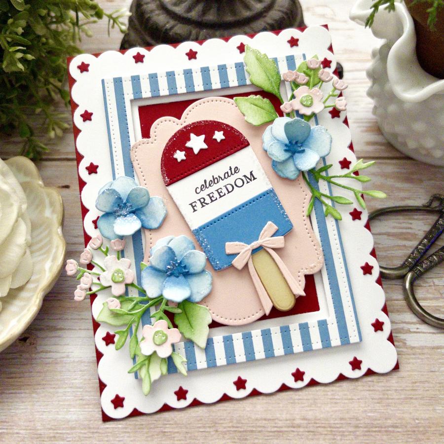Papertrey Ink Sweet Americana Dies pti-1098 red white blue stars stripes popsicle flowers card