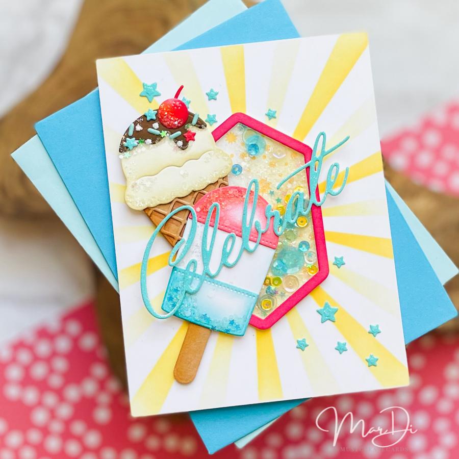 Papertrey Ink Sweet Americana Stencils -0106 yellow stripes ice cream cone cherry stars popsicle shaker card