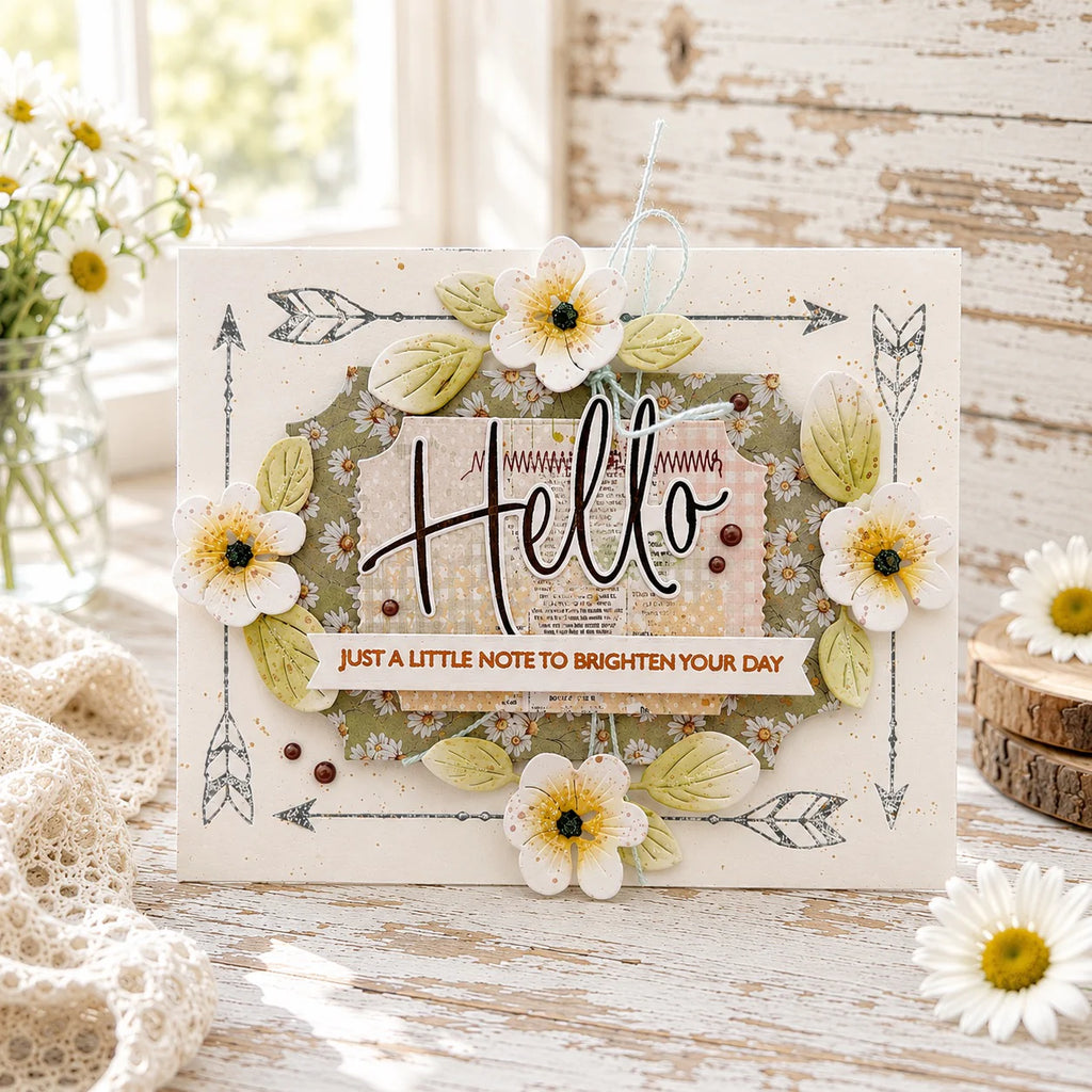 Papertrey Ink This is Big Sentiments Hello Clear Stamp and Die Set white flowers hello card