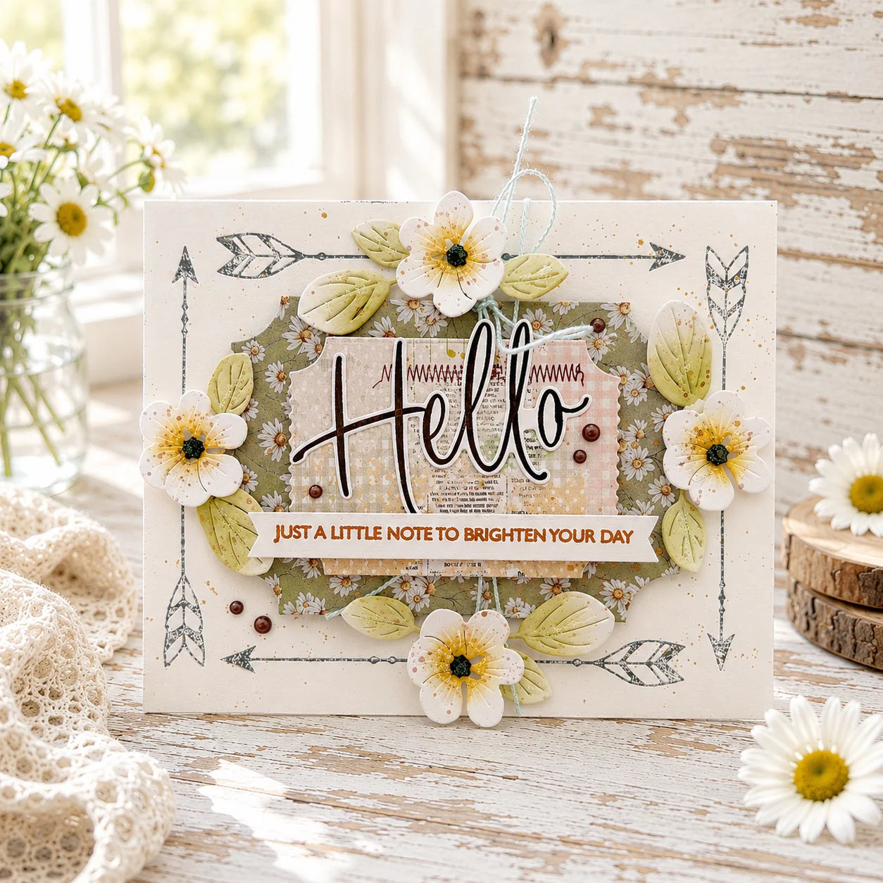 Papertrey Ink This is Big Sentiments Hello Clear Stamp and Die Set white flowers hello card