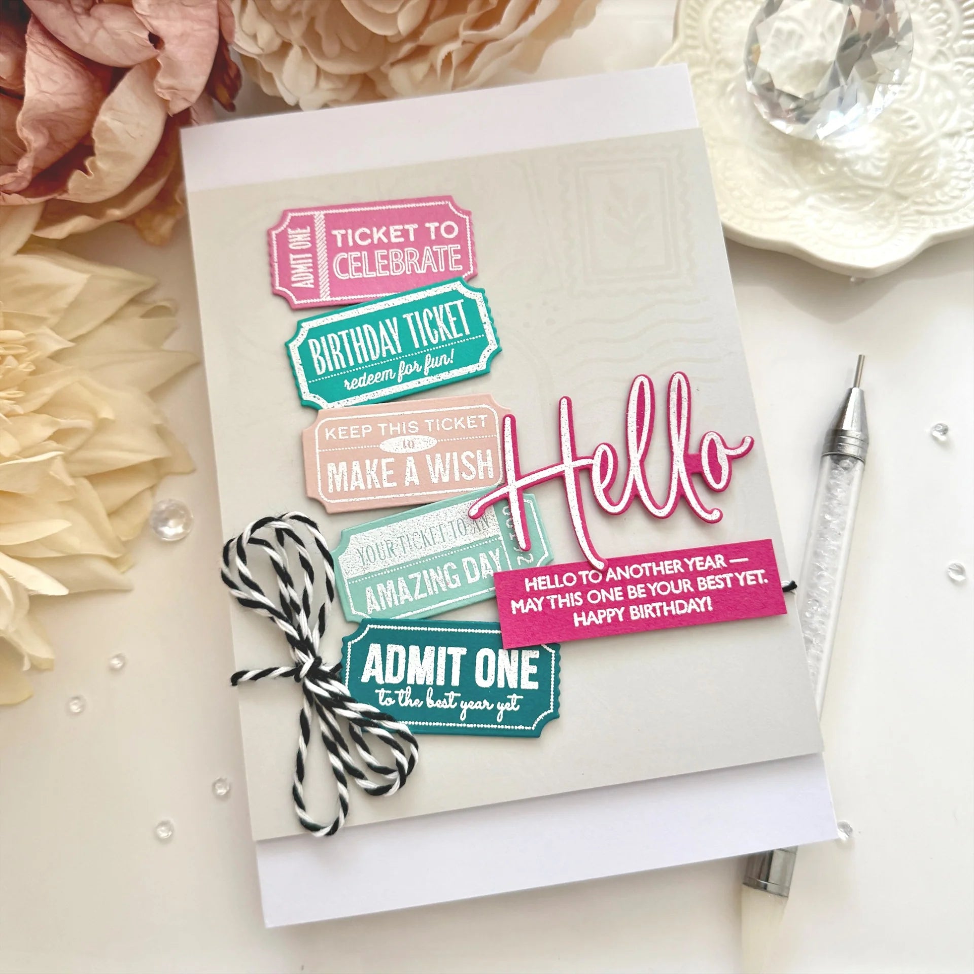 Papertrey Ink This is Big Sentiments Hello Dies pti-1110 happy birthday ticket card