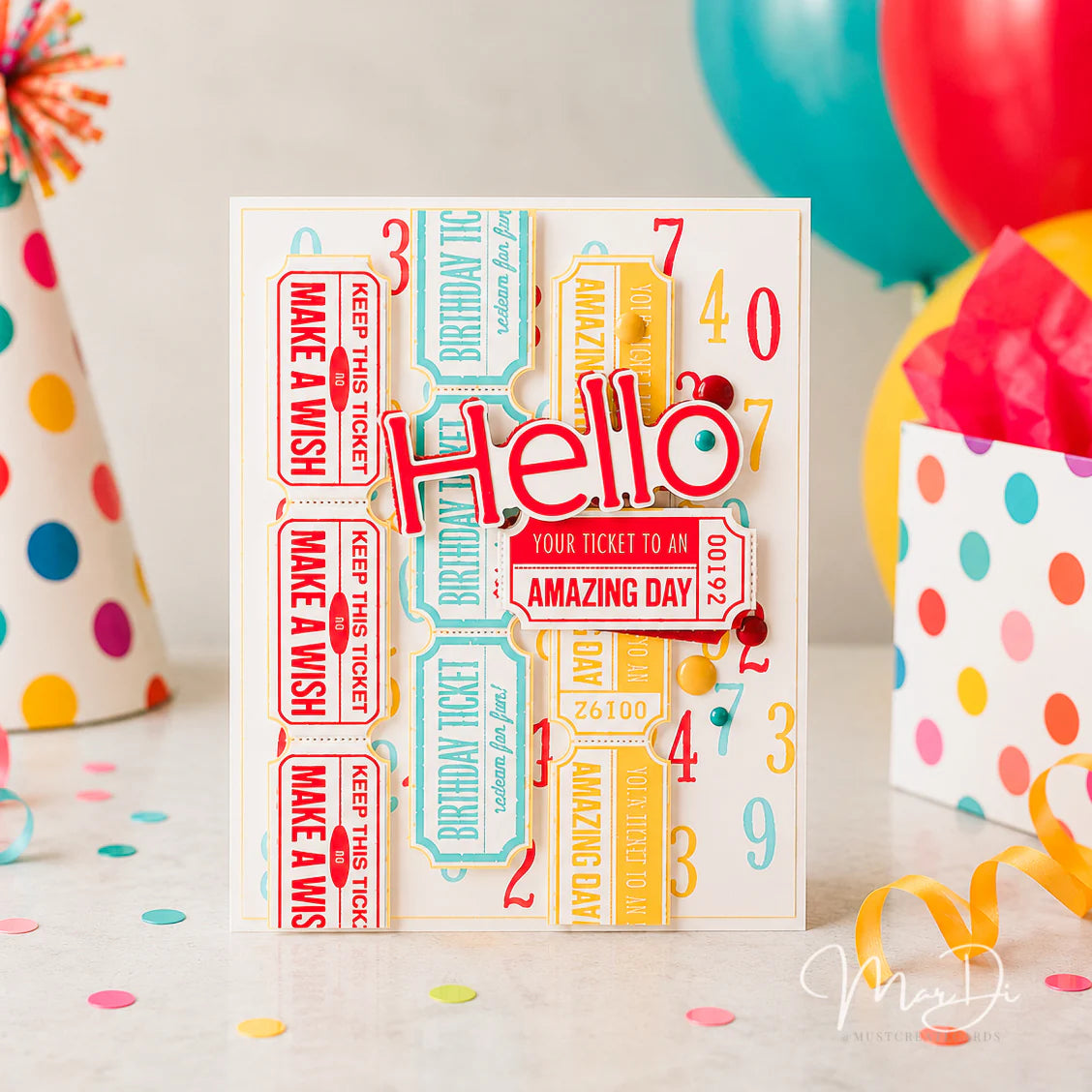 Papertrey Ink This is Big Sentiments Hello Dies pti-1110 make a wish ticket card