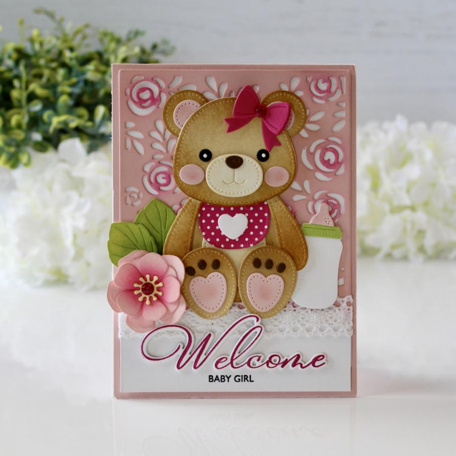 Papertrey Ink This is Big Sentiments Welcome Clear Stamp and Die Set roses brown bear hair bow bib heart bottle polka dots flower pink lace