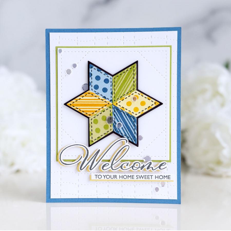 Papertrey Ink This is Big Sentiments Welcome Clear Stamp and Die Set star stripes polka dots sequins green blue yellow card