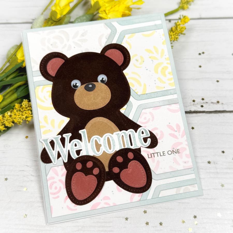 Papertrey Ink This is Big Sentiments Welcome Clear Stamps 1707 bear googly eyes hearts flowers yellow pink hexagons card
