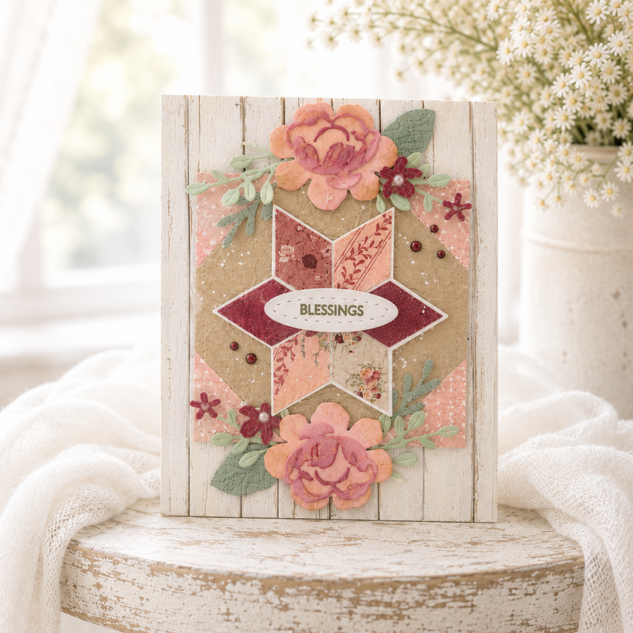 Papertrey Ink This is Big Sentiments Welcome Clear Stamps 1707 bear googly eyes hearts flowers yellow pink hexagons card quilt star flower roses greenery pearls peach pink red wood card