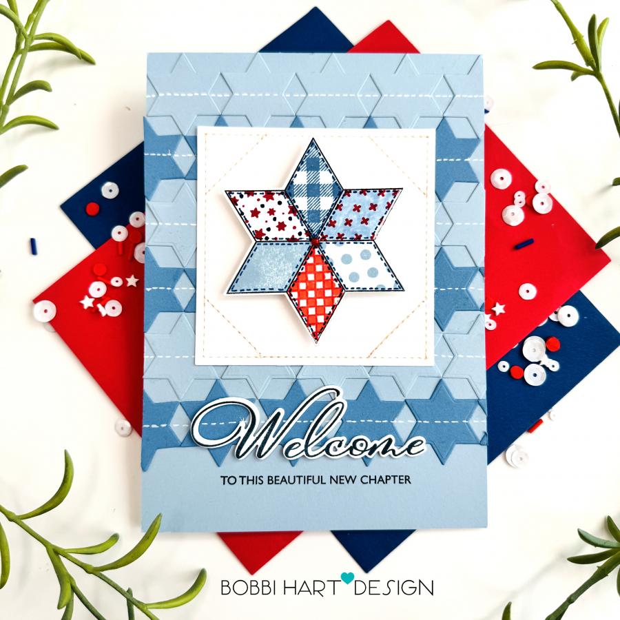 Papertrey Ink This is Big Sentiments Welcome Dies pti-1095 patchwork star blue red white denim polka dots stitches card