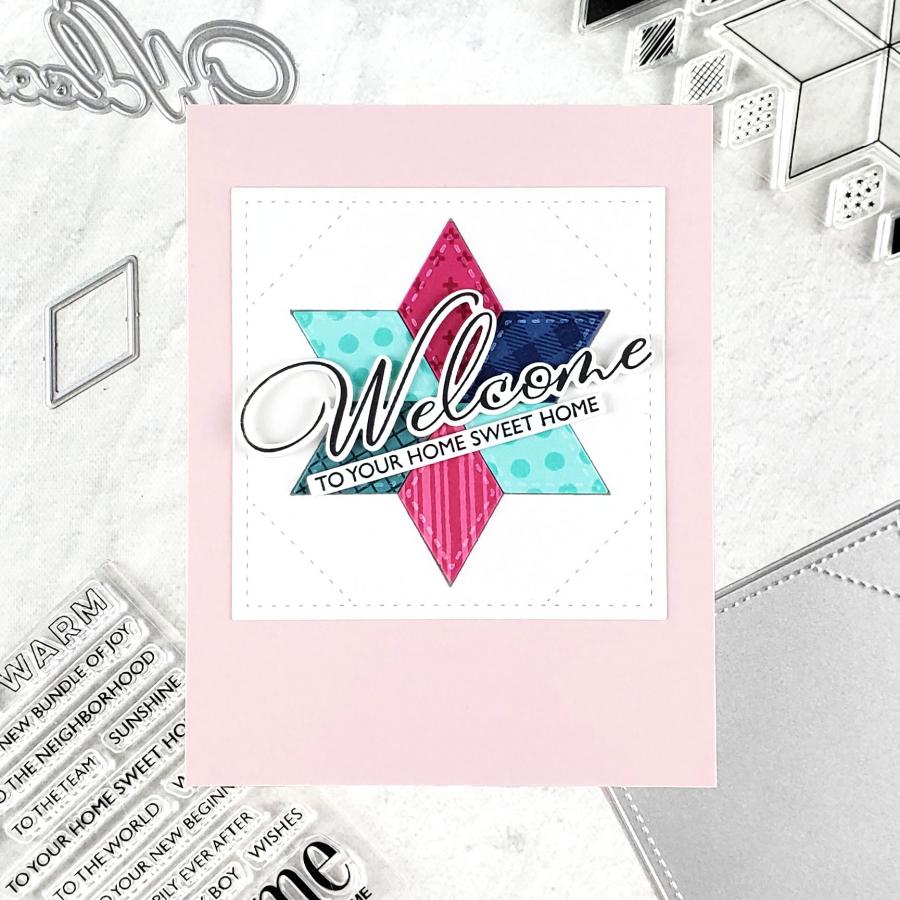 Papertrey Ink This is Big Sentiments Welcome Dies pti-1095 patchwork star stitches red blue green polka dots pink card