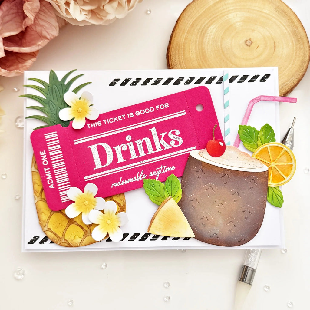 Papertrey Ink VIP Ticket Collection Dining Clear Stamp and Die Set tropical drinks card