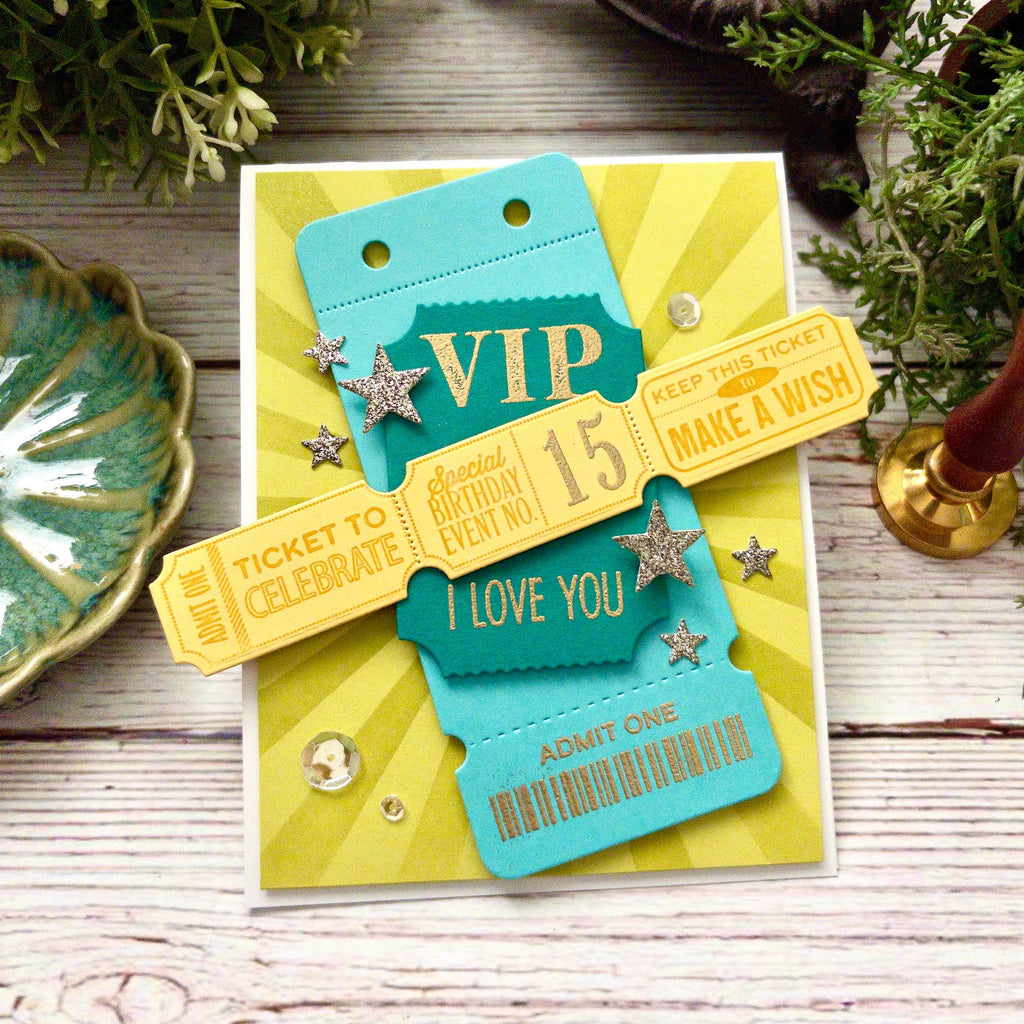 Papertrey Ink VIP Ticket Collection Halloween Clear Stamp and VIP Ticket Die Set green background card