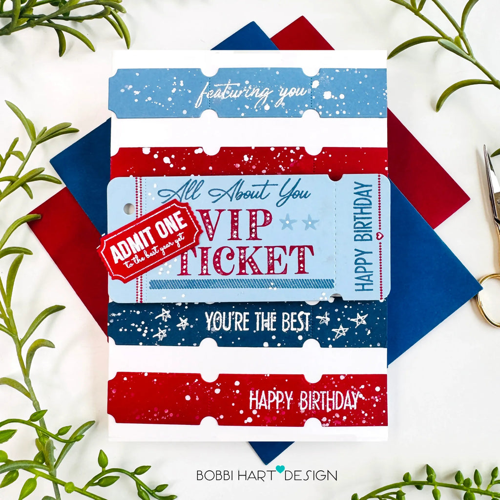 Papertrey Ink VIP Ticket Collection On the Cover Clear Stamp and Die Set red white blue birthday card