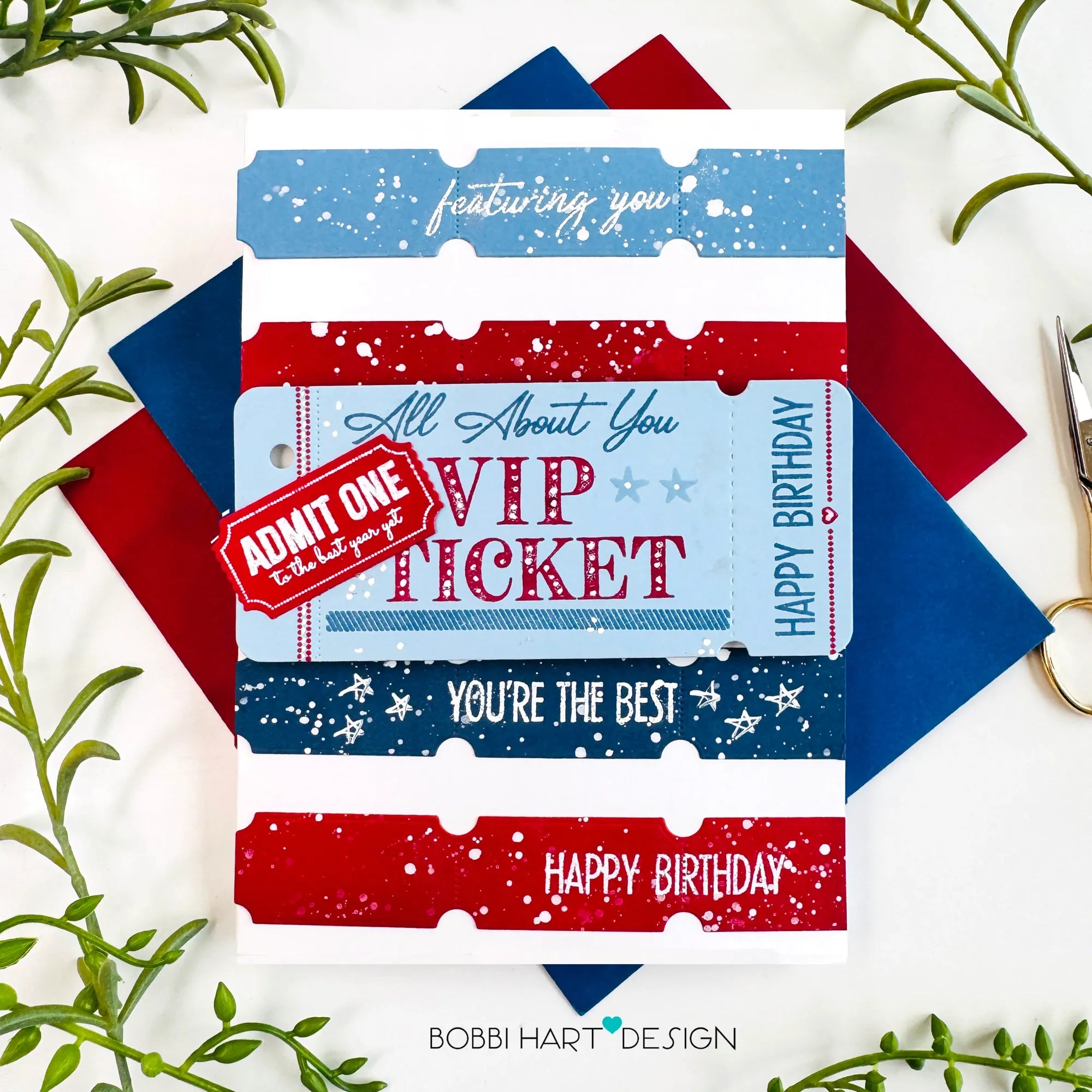 Papertrey Ink VIP Ticket Collection On the Cover Clear Stamp and Die Set red white blue birthday card