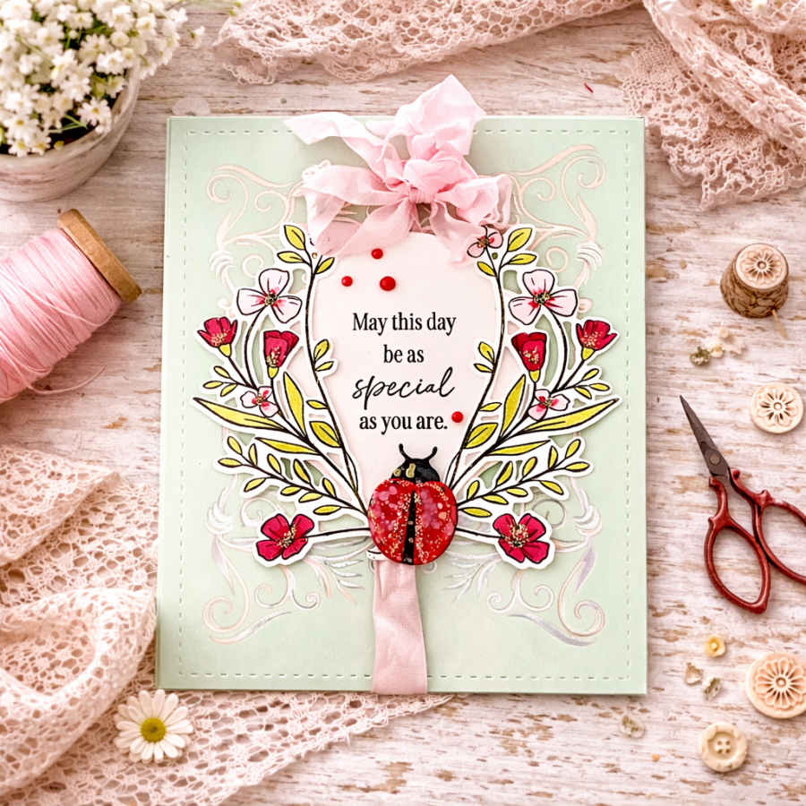 Papertrey Ink Wildflower Wreath Clear Stamp and Die Set pink bow