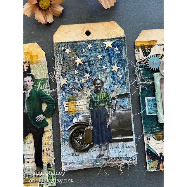 Paula Cheney Tim Holtz Blue Palette Fabric tag DIY mixed Media | color-code:alt6