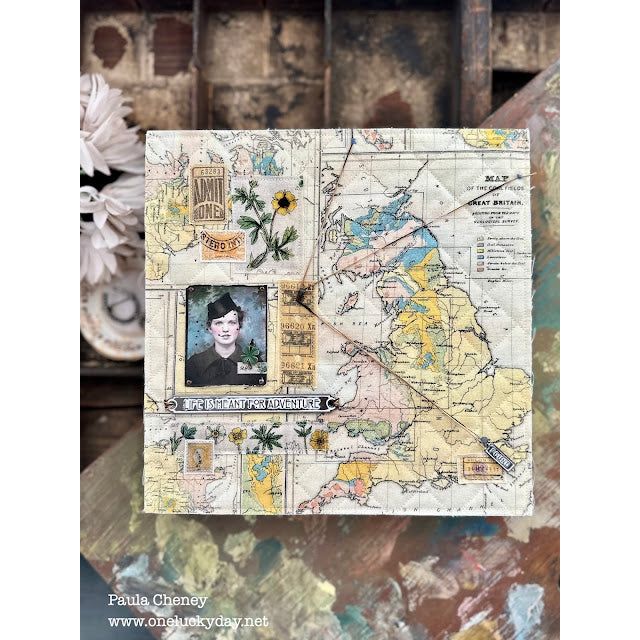 Tim Holtz Fabric Palette Yellow Bundle of 10 Fat Quarters Map Stamps Person vintage mixed media project Paula Cheney | color-code:alt2