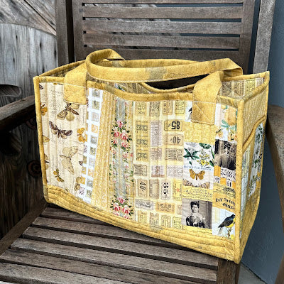 Paula Cheney Yellow Tote project using Tim Holtz Fabric palette butterflies vintage DIY stamps tickets | color-code:alt3