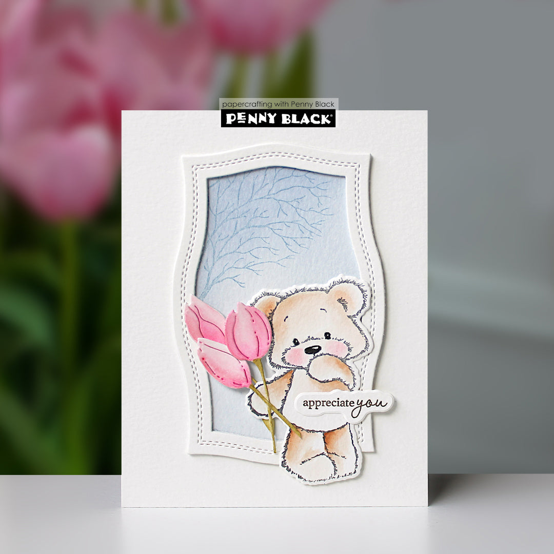 Penny Black Bear Life Clear Stamp and Die Set pink tulips