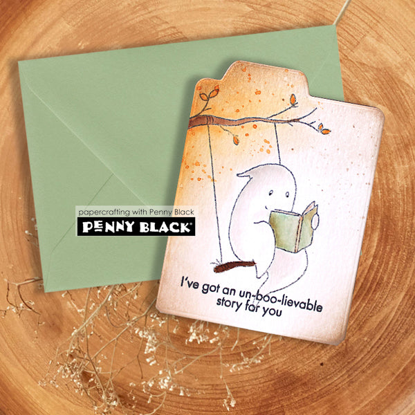 Penny Black Ghost Story Clear Stamp and Die Set ghost on a swing card