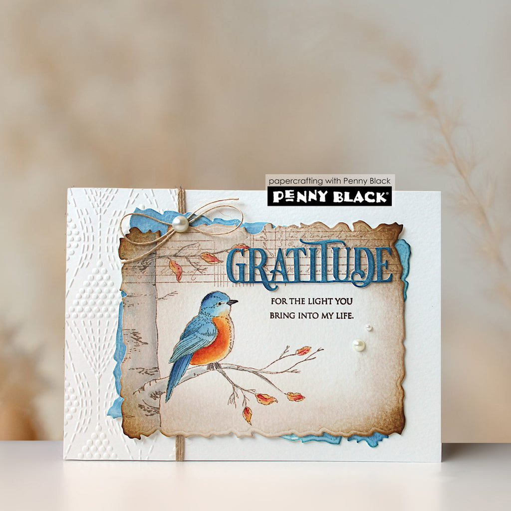 Penny Black Gratitude Edger Dies 52-065 bird on a branch card