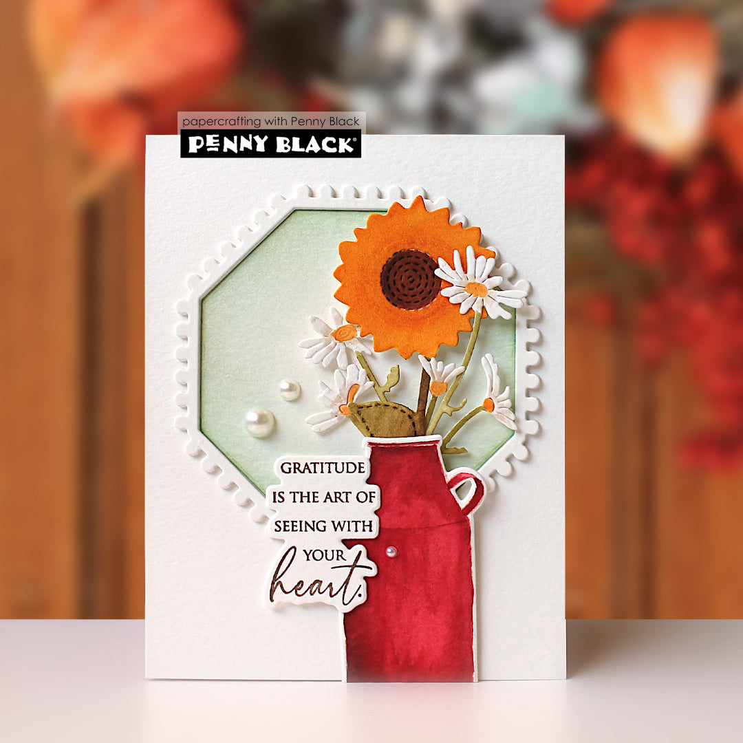 Penny Black Gratitude Sentiment Clear Stamp and Die Set flowers in a jug card