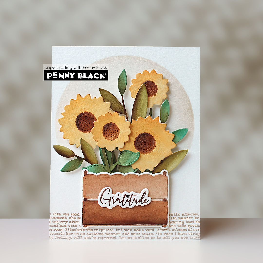 Penny Black Gratitude Sentiment Clear Stamp and Die Set sunflowers gratitude card