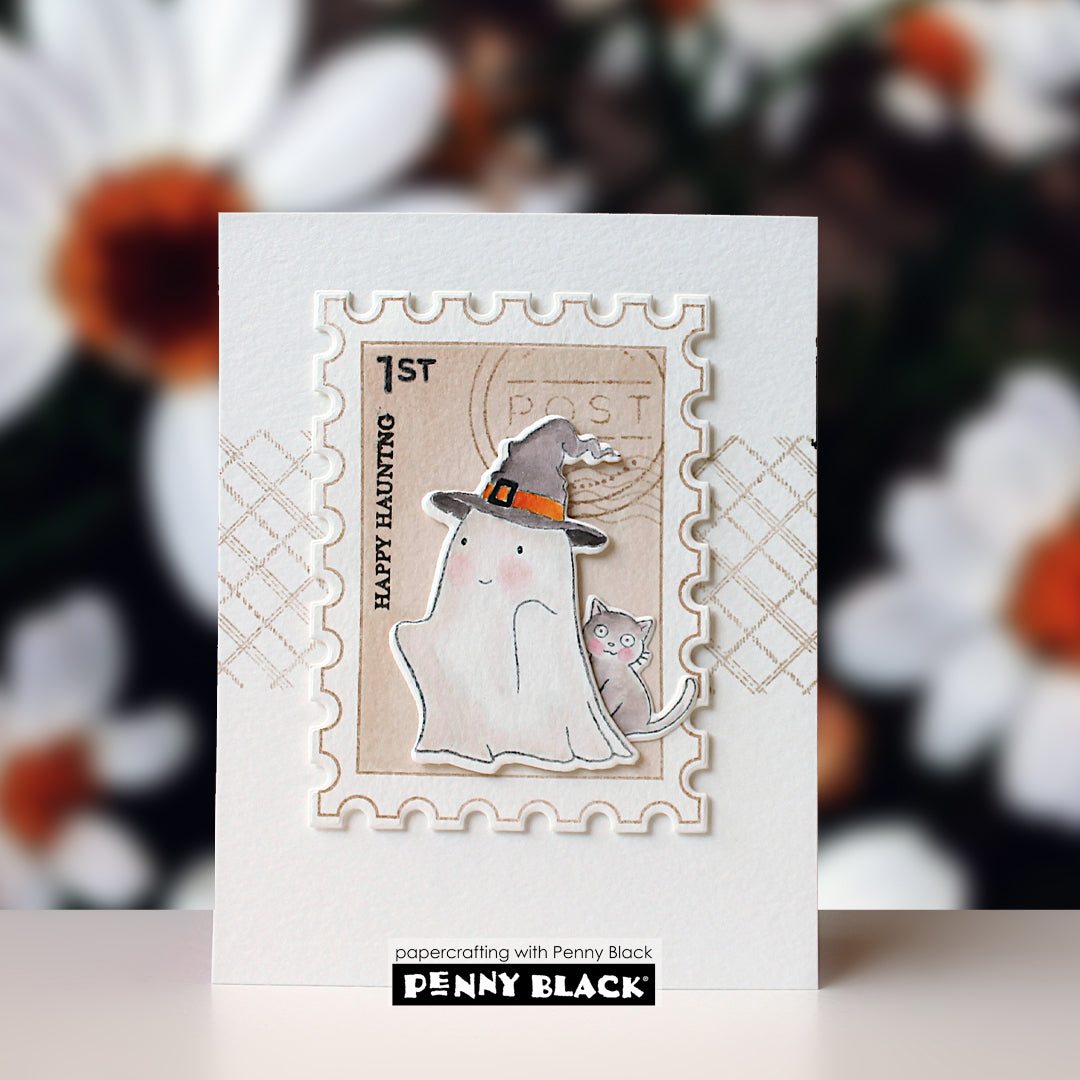 Penny Black Halloween Spirit Clear Stamp and Die Set happy haunting postage stamp card