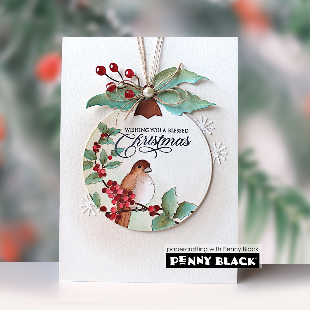 Penny Black Holly Jolly Ornaments Clear Stamps 31-257 bird on ornament card