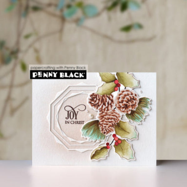 Penny Black Perched and Pine Clear Stamp and Die Set joy pinecones card